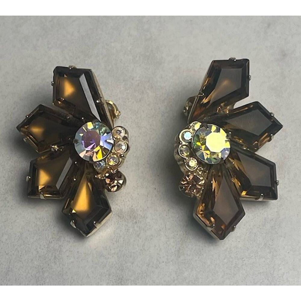 Juliana Large Vintage Amber AB Glass Rhinestone Clip On Earrings DeLizza Elster